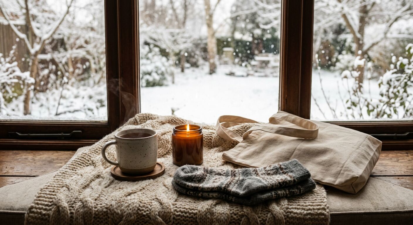 A soft blanket, candle and slippers for a cozy night in