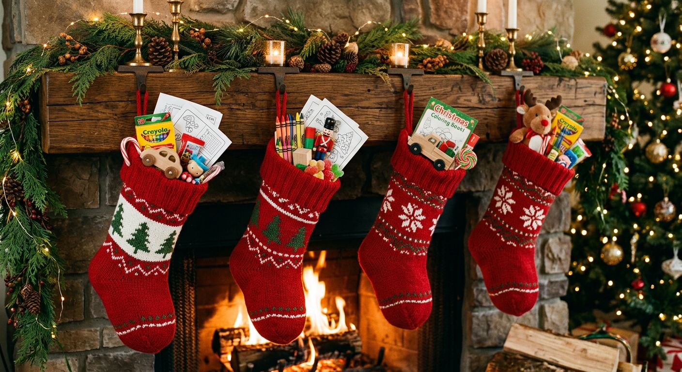 Small screen-free stocking stuffers for kids beside a Christmas stocking